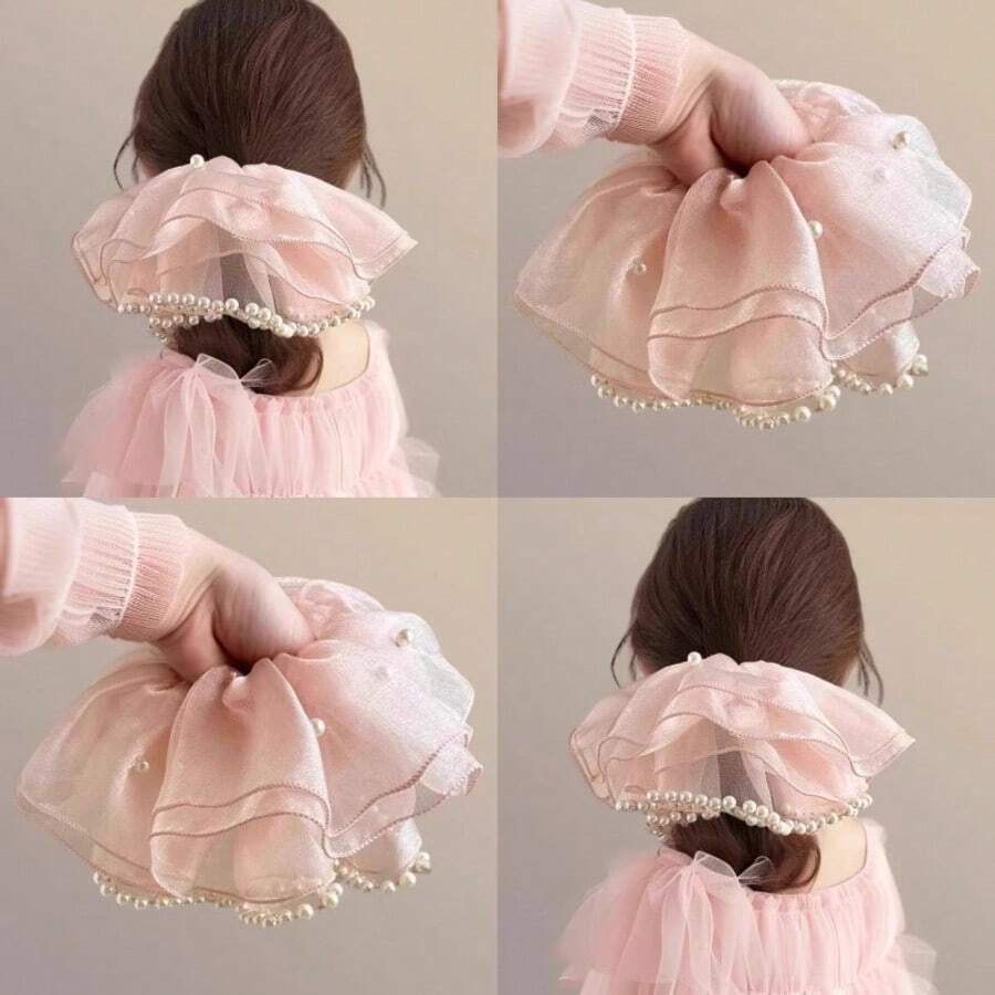 1 chiếc dây buộc tóc bằng vải lưới organza Pháp đính ngọc trai, phụ kiện tóc thanh lịch, thiết kế mới năm 2025. - Nhiều màu - Xem 1