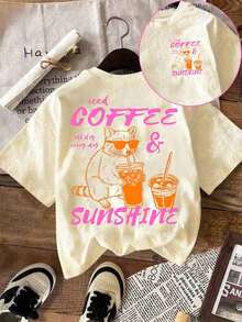 Camiseta de mujer de cuello redondo con estampado de letras y bebidas, informal, de verano - Albaricoque - Ver 7