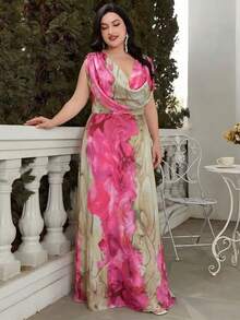 Vestido largo con estampado floral de talla grande, mangas tipo murciélago, escote en V, elegante vestido de cóctel para fiesta, estilo vintage para boda y vacaciones - Rosa Fucsia - Ver 5