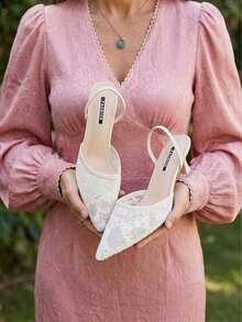 新款女士时尚夏季优雅尖头蕾丝边套脚高跟米色凉鞋 - 米色 - 查看 5