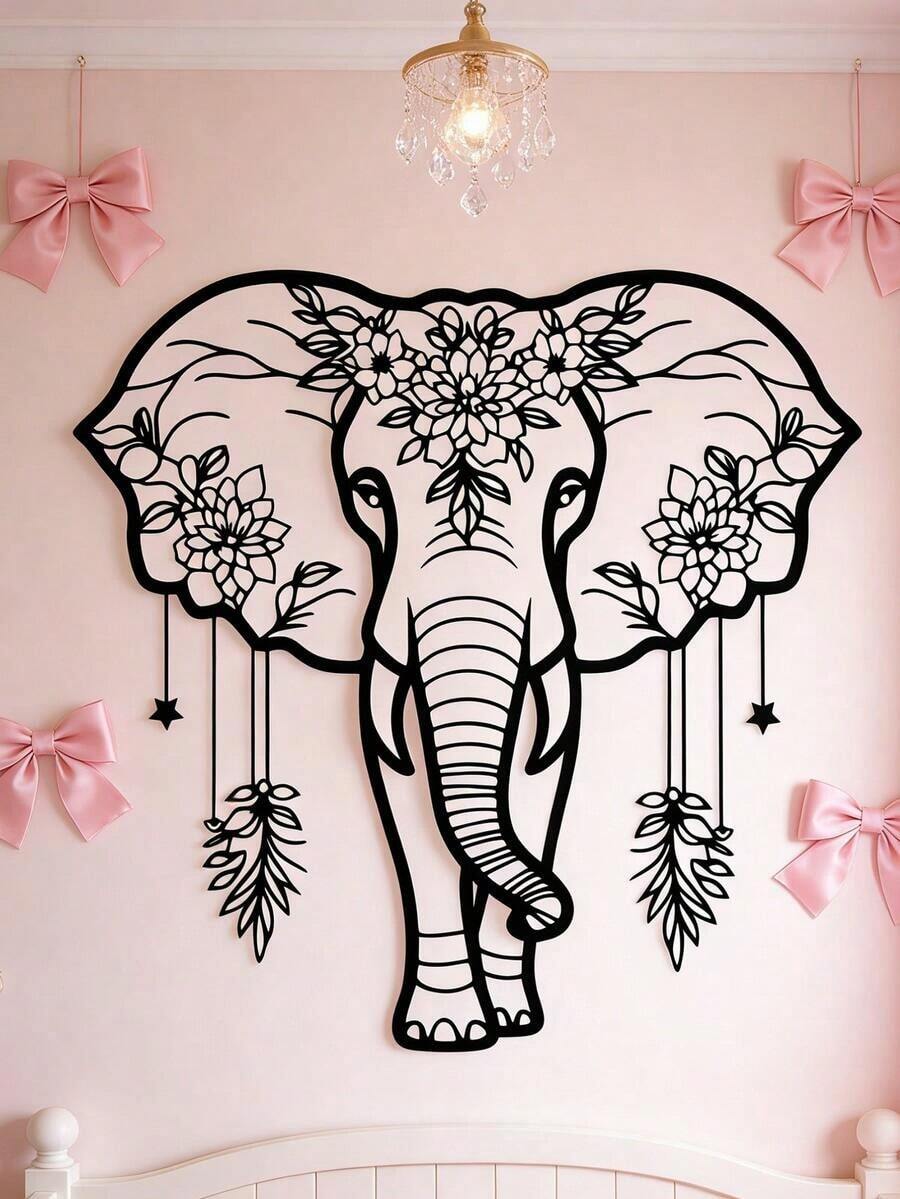 1pc Iron Elephant Wall Art Decor, Boho Floral Design, Living Room Wall Hanging Decoration, Creative Home Gift,Home Decor ,Room Decor,Wall Decor Gifts Birthday Graduation - 黑色的 - 查看 1