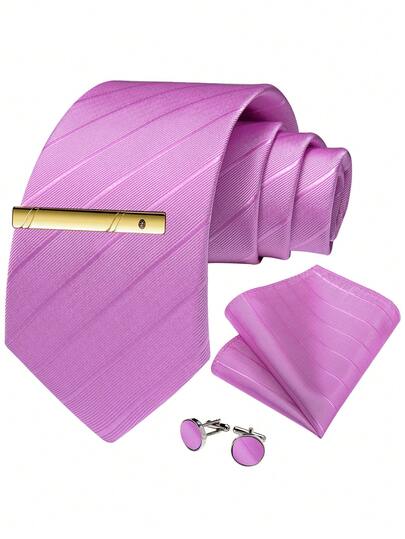 Bộ cà vạt sọc hồng nhạt dành cho nam – kèm khăn cài túi áo, khuy măng sét và kẹp cà vạt vàng, bộ cà vạt trang trọng lịch sự dành cho công sở.