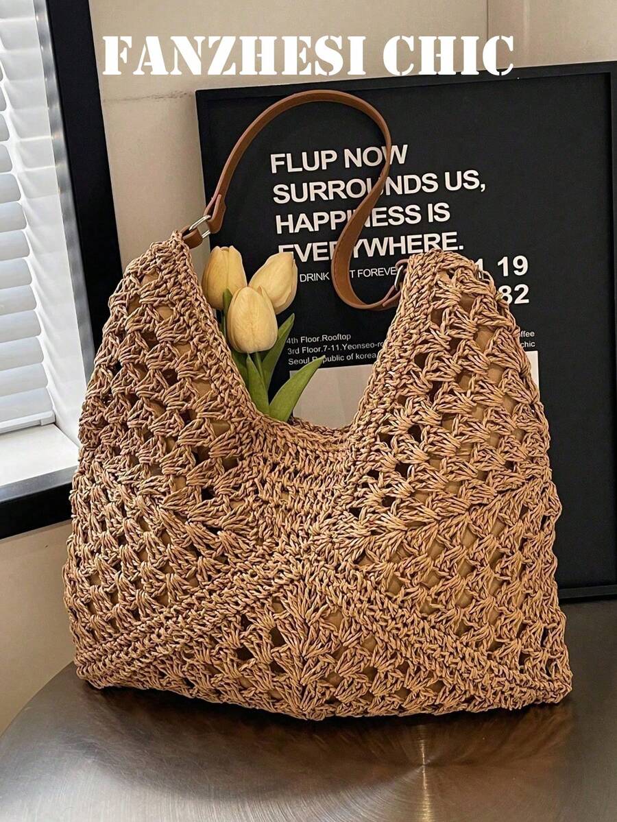 Hollow Crochet Straw Woven Shoulder Tote Bag, Women Large Capacity Hobo Handbag, Strap Single Shoulder Bag, Breathable Openwork Fabric Weave Design, Perfect For Summer Beach, Tropical Vacation, Resort Trip, Great For Young Ladies, Travel Girls, College Students, Office Workers, Moms & Beach Style Lovers - Coffee - View 1