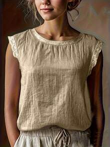 Retro Casual Linen Sleeveless Top, Elegant Daily Wear For Women - Khaki - View 1