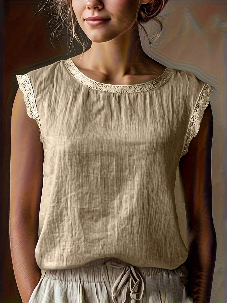 Retro Casual Linen Sleeveless Top, Elegant Daily Wear For Women - Khaki - View 1