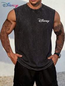 Disneyland Vintage 70s Graphic Muscle Tank - 100% Washed Cotton - Front Chest Mickey Logo With Back Large-Scale "Est. 1955" Cartoon Collage Print - Distressed Grey Oversized Unisex Streetwear Top - 黑色 - 查看 3