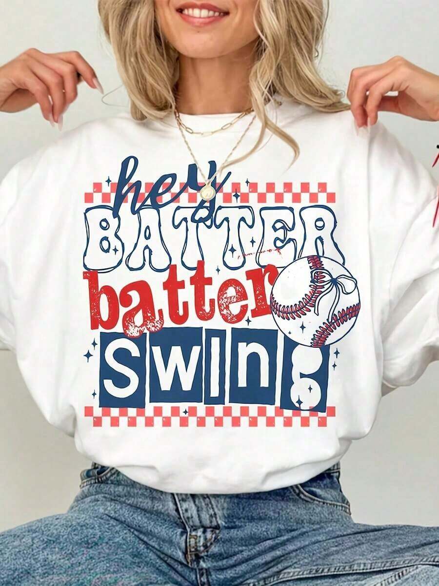 1 Piece Women's Soft Breathable Crew Neck T-Shirt 2026 - "Baseball Swing!" Print, Casual Short Sleeve T-Shirt For Spring Summer, Machine Washable, Comfortable Fit, Exclusive Baseball Mom T-Shirt, Sports Fan Clothing, Fun Design, Skin-Friendly Fabric, White T-Shirts, Valentine's Day Outfit, Grass, Cool Summer T-Shirts - 白色 - 查看 1
