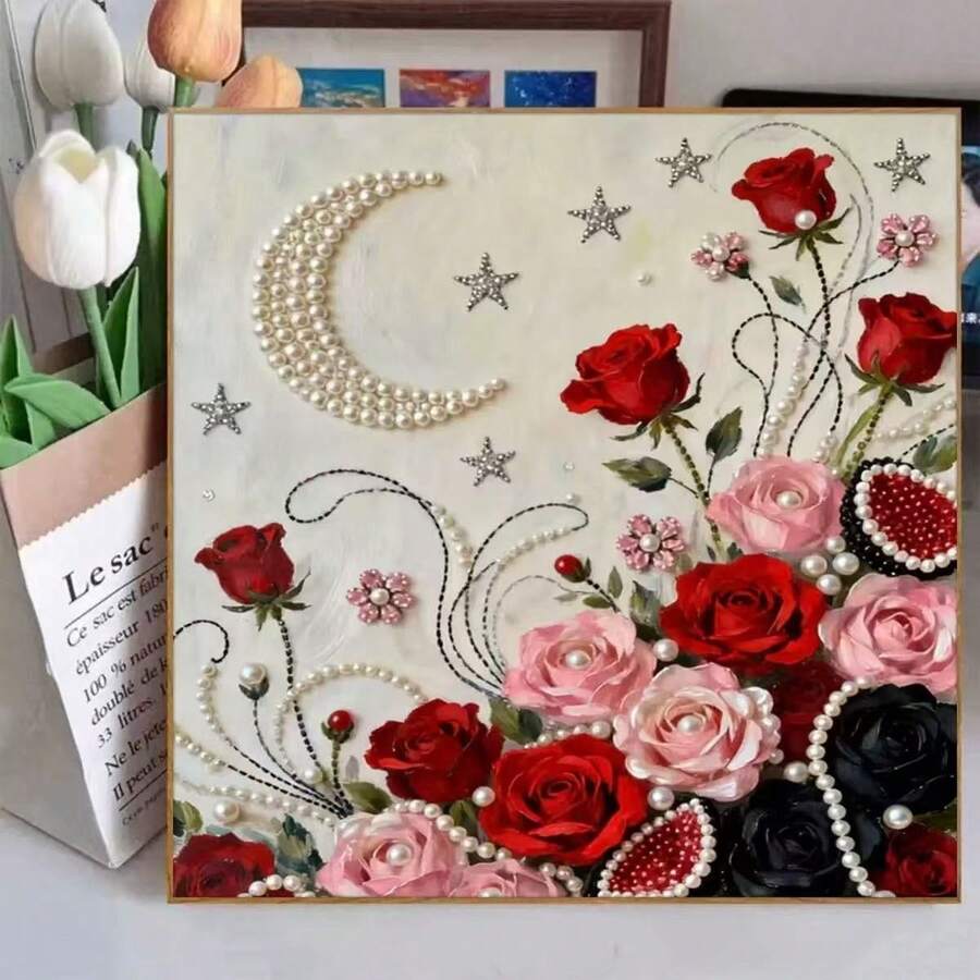 New 20*20 Wooden Frame Diamond Painting Kits, Includes Pearl Painting, Rose Flower, Starry Sky, Moon, Angel Wings, Blue Rose Patterns, Tools, Suitable For Pinterest, Crystal, Adult Handcraft, Embroidery, Mother's Day, Christmas Gifts (The Picture Shows The Finished Product, You Need To Make It Yourself After Purchase). Birthday Gift, Back To School Gift - Multicolor - View 1