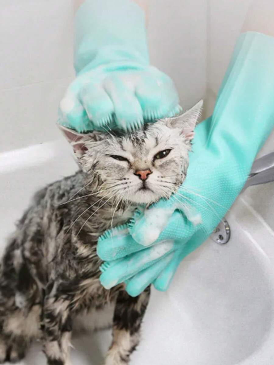 1个宠物洗澡手套，硅胶狗/猫洗澡刷按摩擦洗器美容工具 - 綠色 - 查看 1