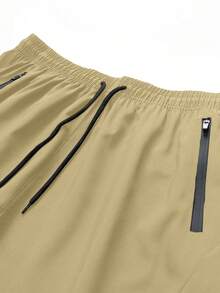 Tween Boys' Outdoor Sports Shorts, Moisture-Wicking, Breathable, Elastic Waist, Zipper Pockets, Suitable For Daily Wear - Khaki - View 3