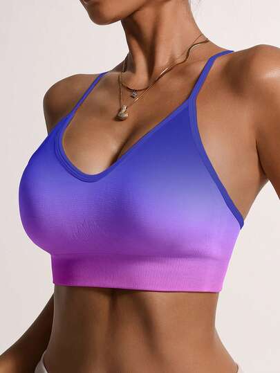 Ombre Blue & Purple Criss-Cross Back Sports Bra, High Elasticity Shock-Absorbing Fitness Yoga Underwear For Women