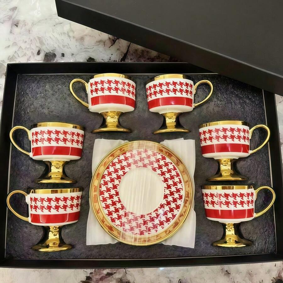 1/6件套复古格子金边陶瓷咖啡杯碟套装，3.04盎司/90毫升，粉黑金配色，优雅的咖啡杯碟套装，男女情侣皆宜，适用于土耳其咖啡、阿拉伯咖啡、拿铁、红茶、卡布奇诺、下午茶、茶会等场合，创意办公水杯/居家早餐牛奶杯，阿拉伯咖啡杯 - 节日礼物，派对新年婚礼个性化礼物，家居生活 - 彩色 - 查看 1