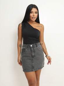 Women's Black Denim Skirt With Studded Appliques And Pockets - màu đen - Xem 2