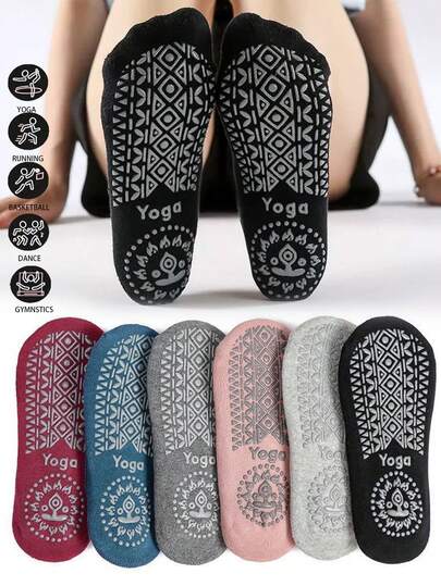 1/3/5 đôi tất yoga Pilates chống trượt dành cho nữ, thiết kế hình học ngọn lửa bằng silicon chống trượt, tất chống trượt, tất thấm hút sốc bằng silicon, hỗ trợ mắt cá chân, tất thể thao giảm sốc.