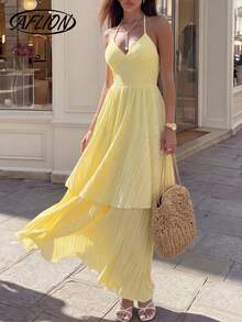 Aflion Vestido largo plisado de cintura alta y espalda descubierta para mujer en color amarillo - Estilo retro francés, romántico y fluido, adecuado para vacaciones de verano, playa, bodas y eventos de noche - Amarillo - Ver 4