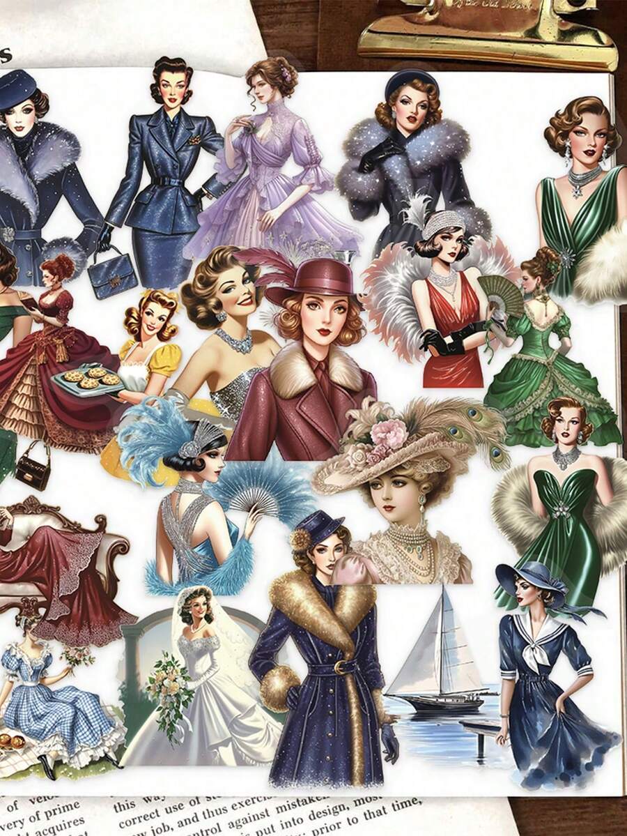 50pcs Vintage Ladies Stickers For Notebooks, Diaries And Phone Cases PET Material - A - View 1