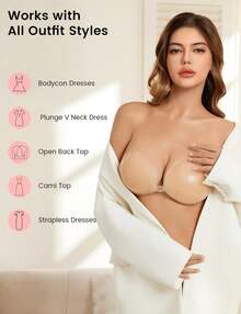 Silicone Sticky Bra, Strapless Push Up With Palm Support, Reusable Invisible Adhesive Bra For Women WEK4 - Nude - 查看 4
