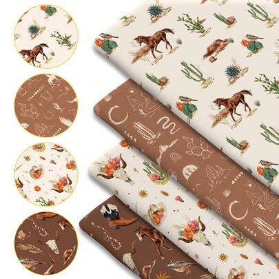 4 件套西部牛仔印花绗缝面料 - 18x22 英寸（55x45 厘米）预裁涤纶面料，图案包含马匹、仙人掌、热带植物、鸟类、花卉和其他西部牛仔风格元素 - 适合 DIY 缝纫、剪贴簿、桌布和工艺品制作