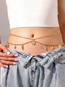 Xiacheng Double Layer Metal Waist Chain, Adjustable Women Waist Link Belt Multilayer Skinny Chain Waistband Sun And Moon Belly Waist Decor Belts (Gold) - Star and Moon Design - View 4