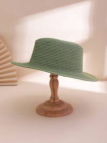 1pc Women's Solid Color Flat Top Small Brim Sun Hat, Simple & Versatile Straw Hat Suitable For Beach Vacation Photoshoots - Solid Color - View 31