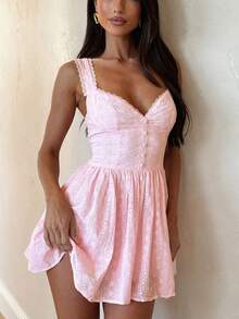 Women's Summer Mini Dress Stylish Solid Lace Trim Flower Embroidered Hollow Details Sleeveless V Neck A Line Dress Casual Boho Vacation Beach Date Party Outfit - 粉色 - 查看 4