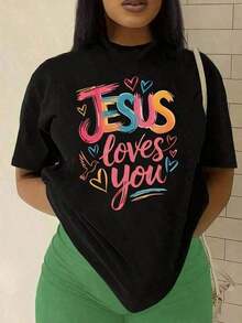 1pcs1pcsJesus Love You 1 Pcs Women's Plus Size T-Shirt Funny Oversized Graphic Short Sleeve Tee Novelty  Polyester Shirt Casual Crew Neck Top -Easter Outfits For Women Graphic Tees Women Fashion Short Sleeve Topsummer Tops For Women,Graphic Tees Women - 黑色 - 查看 1