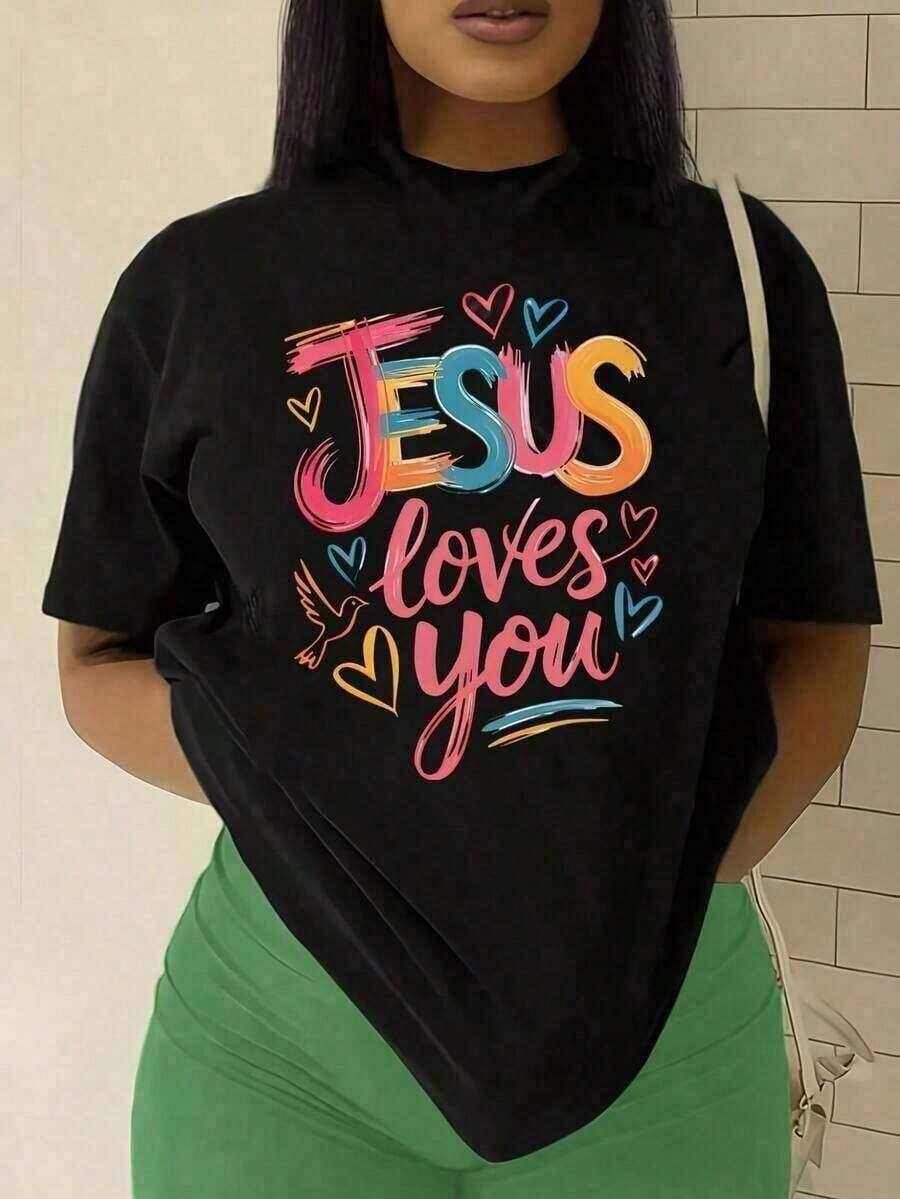 1pcs1pcsJesus Love You 1 Pcs Women's Plus Size T-Shirt Funny Oversized Graphic Short Sleeve Tee Novelty Polyester Shirt Casual Crew Neck Top -Easter Outfits For Women Graphic Tees Women Fashion Short Sleeve Topsummer Tops For Women,Graphic Tees Women - 黑色 - 查看 1