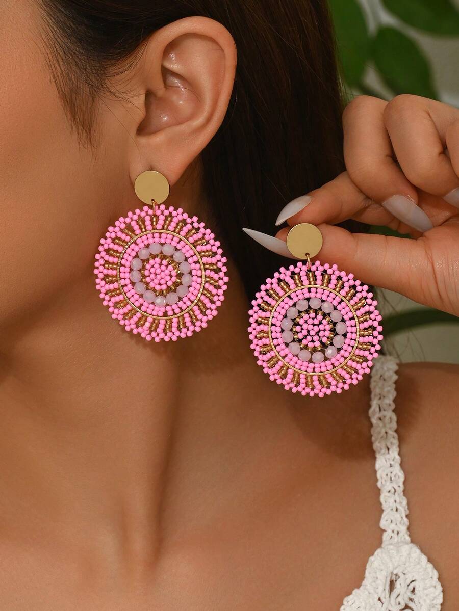 1 Pair Handmade Woven Disc Retro Earrings, Colorful Beaded Bohemian Style Earrings Suitable For Women's Daily Wear (Bead Colors And Positions Are Random Due To Handmade) - Pink - View 1