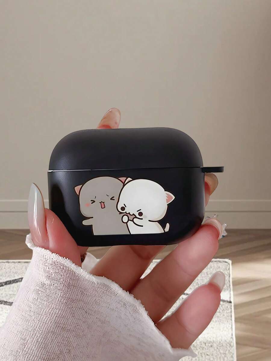 Cute Couple Cat Pattern Earphone Protective Case, Matte Finish Anti-Drop Earphone Cover, Compatible With AirPods 2/3/4/Pro/Pro2/Pro3, Great Gift For Friends Birthday And Holidays - Black - View 1