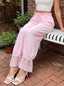 Women Linen Lace Trim Long Bloomers Pants Ruffle Victorian Vintage Pantaloons Summer Beach Travel Vacation Pants - 粉色 - 查看 3