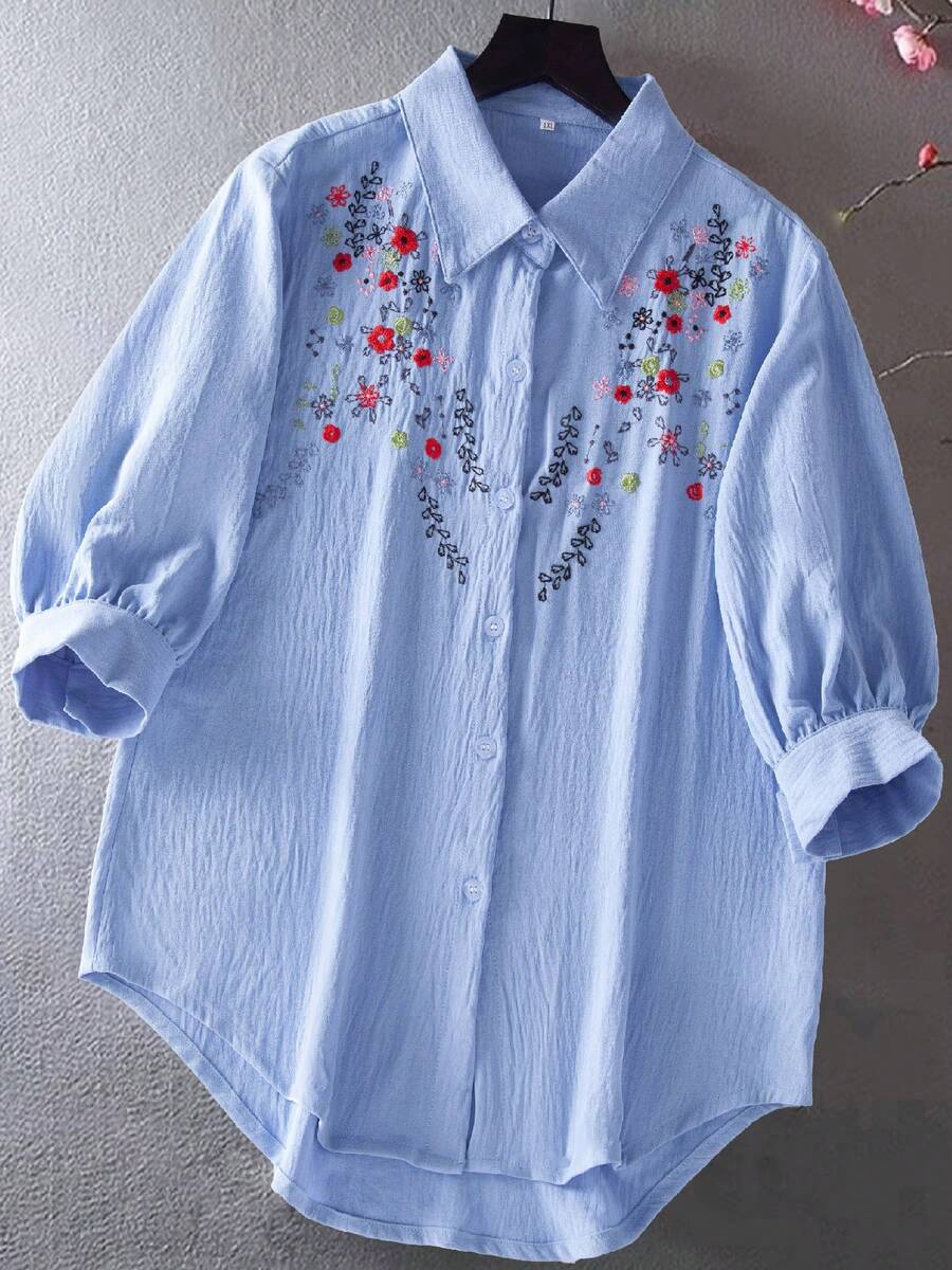 Plus Size Women's Floral Embroidered Shirt, Lapel Collar Commuting 3/4 Sleeve Blouse Vacation - Blue - View 1