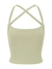 ARA CHIC Light Sage Green Ribbed Cami Top, Cross Back Large Scoop Neck Fitted Y2K Cropped Tank, Suitable For Autumn Streetwear, Vacation, Casual Daily Wear - Mint Green - View 8