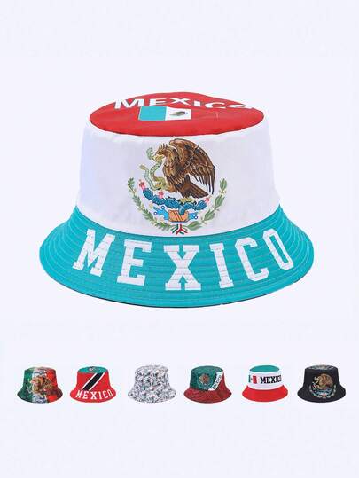 1 chiếc mũ tai bèo nam thời trang in hình quốc kỳ Mexico, có thể đảo mặt, phù hợp cho World Cup và mặc hàng ngày, mùa hè, đi biển, nghỉ lễ.