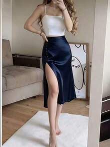 Navy Blue Satin Elegant High-Waist High-Slit Button Decor Fitted Skirt Spring - Navy Blue - View 2