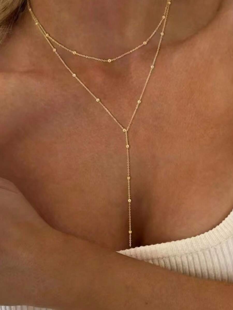 1 pieza Collar de doble capa de acero inoxidable, collar colgante largo con colgante de bola redonda y cadena en forma de Y, collar de doble cadena, adecuado para uso diario de mujeres - collar en forma de Y - Ver 1