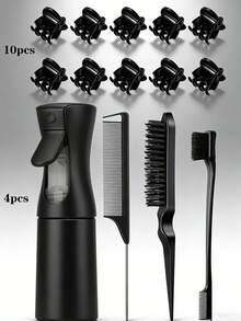 Bộ 14 cọ tạo kiểu tóc dành cho nữ, bao gồm 1 chai xịt đen 200ml + 1 cọ làm mượt tóc + 1 cọ gỡ rối + 1 lược đuôi chuột + 10 kẹp tóc nhỏ màu đen, thích hợp cho mùa hè, kỳ nghỉ, du lịch. - toàn màu đen - Xem 1