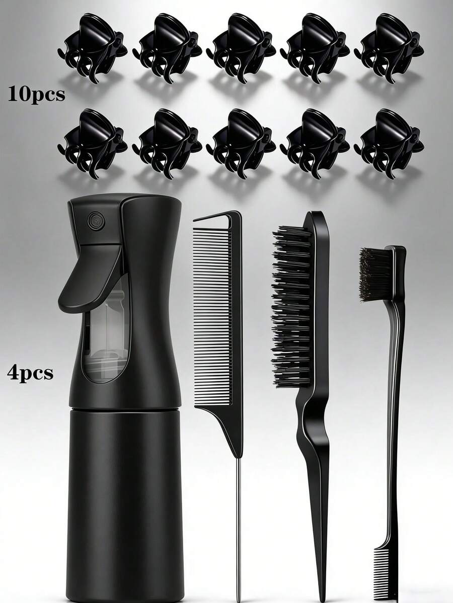 Bộ 14 cọ tạo kiểu tóc dành cho nữ, bao gồm 1 chai xịt đen 200ml + 1 cọ làm mượt tóc + 1 cọ gỡ rối + 1 lược đuôi chuột + 10 kẹp tóc nhỏ màu đen, thích hợp cho mùa hè, kỳ nghỉ, du lịch. - toàn màu đen - Xem 1