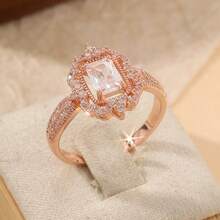 Women's Geometric Design Wedding Ring, Inlaid Synthetic Cubic Zirconia, Elegant Jewelry For Engagement Party - Rose Gold - View 4