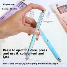 15pcs/Set (5 Pens + 10 Refills) Retractable Ballpoint Pen Set, Student Neutral Pens, Rollerball Pens, 0.5mm Black Ink, Suitable For Smooth Writing In Exams, Available In Pink, Purple, Blue, Green - Sets - View 3