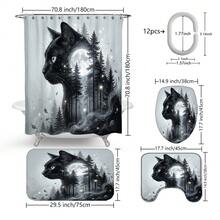 1pc/4pcs Moonlit Forest Black Cat Pattern Multifunctional Bathroom Decor Shower Curtain Set, Free 12 Hooks Included, Elegant Holiday Atmosphere, Bathroom Mat, U-Shaped Floor Mat And Round Toilet Mat, Suitable For All Scenarios Bathroom Set - Black Cat Forest - View 10
