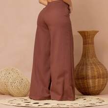 Women's Linen Wide-Leg Pants With Pockets, Simple Zipper, Perfect For Evening, Daily Wear, Birthday Parties, And High Waist. - Rỉ Nâu - Xem 2