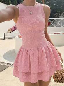 Vestido mini ajustado sin mangas a cuadros azules, estilo francés dulce para vacaciones, primavera/verano - Rosa Pálido - Ver 1