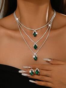 1 Set High-Quality Red Ruby Crystal Necklace And Earrings Set, Sparkling Rhinestone Multi-Layer Accessories, Fashionable For Women's Daily Wear, Parties, Valentine's Day - Green - View 2