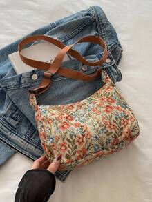 Fashionable Large Capacity Printed Patchwork Fabric Underarm Shoulder Tote Bag - Brown - View 8