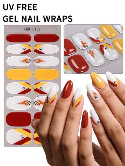 16Pcs Spring/Summer World Cup Red Yellow Colour-Blocked White UV Free Gel Nail Strips,Football Flame Cheerful Sports Gel Nail Stickers ,Easy To Apply, Perfect For World Cup-Themed Manicures To Support Your Favourite Team