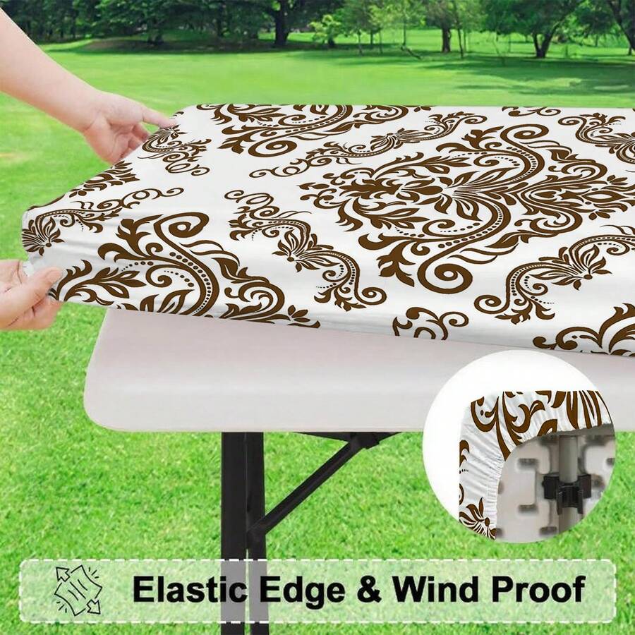 Vintage Baroque Patterned Waterproof Tablecloth, Oil And Stain Resistant Rectangular Dining Table Cover, Suitable For Outdoor Camping, Picnic, Patio, Home, Restaurant, Kitchen, Party Decoration - B - View 1