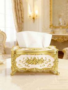 1pc Rose Flower Pattern Paper Towel Box, Luxury European And American Style Gold-Plated Tissue Box, Suitable For Living Room, Bathroom, Vanity, Nightstand, Kitchen, Hotel, KTV, Bar, Restaurant, Home Use - Gold White - View 5