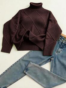 Women's Casual Plus Size Turtleneck Sweater, Autumn/Winter - Coffee Brown - View 4