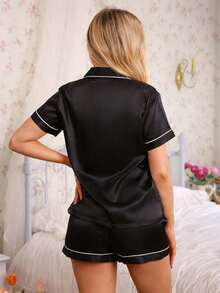 2pcs Satin Short Sleeve Collar Top And Bowknot Striped Shorts Pajama Set For Women, Summer Loungewear - Black - View 2