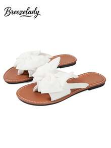 Breezelady Women's Black Bow Slide Sandals – Featuring A Voluminous, Textured Fabric Bow For A Sweet, Eye-Catching Look, These Sandals Have A Soft, Supportive Footbed And A Lightweight, Durable Design. Ideal For Casual Outings, Brunch Dates, Or Weekend Errands, They Pair Perfectly With Denim Shorts, Sundresses, Or Cropped Jeans For A Cozy, Charming Summer Vibe. - trắng - Xem 2
